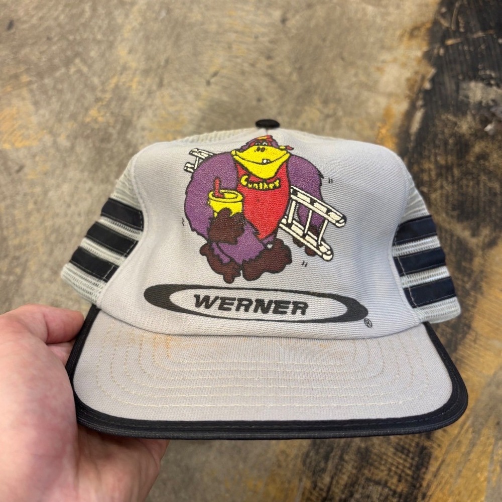 VTG 3 Stripe Trucker Snapback Hat USA Werner Ladder Paint Gorilla Gunther Mascot